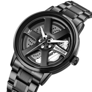 Explore Yourself Men’s Luxury Spinning Car Wheel Watch – High-Performance Quartz Timepiece with Rotating Rim Dial, Black Stainless Steel Band (White Edition) - Image 2
