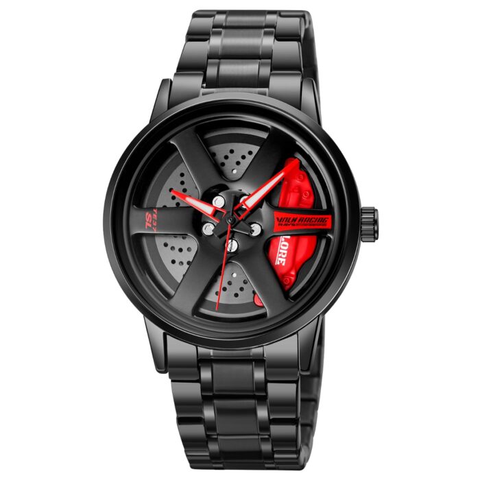 Explore Yourself Men’s Luxury Spinning Car Wheel Watch – High-Performance Quartz Timepiece with Rotating Rim Dial, Black Stainless Steel Band (Red Edition) - Image 1